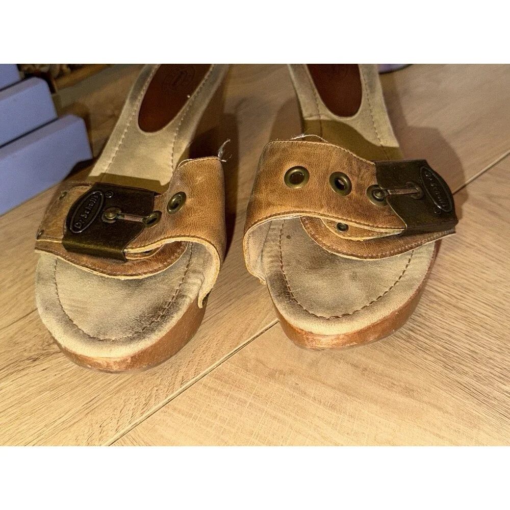Dr Scholl’s The Original Big Buc Wooden Wedge Heel Vintage Tan Leather Size 9